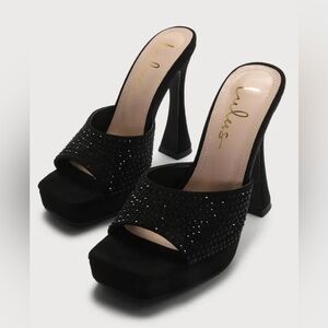 Lulu's Black Sculptural Heels with Rhinestones